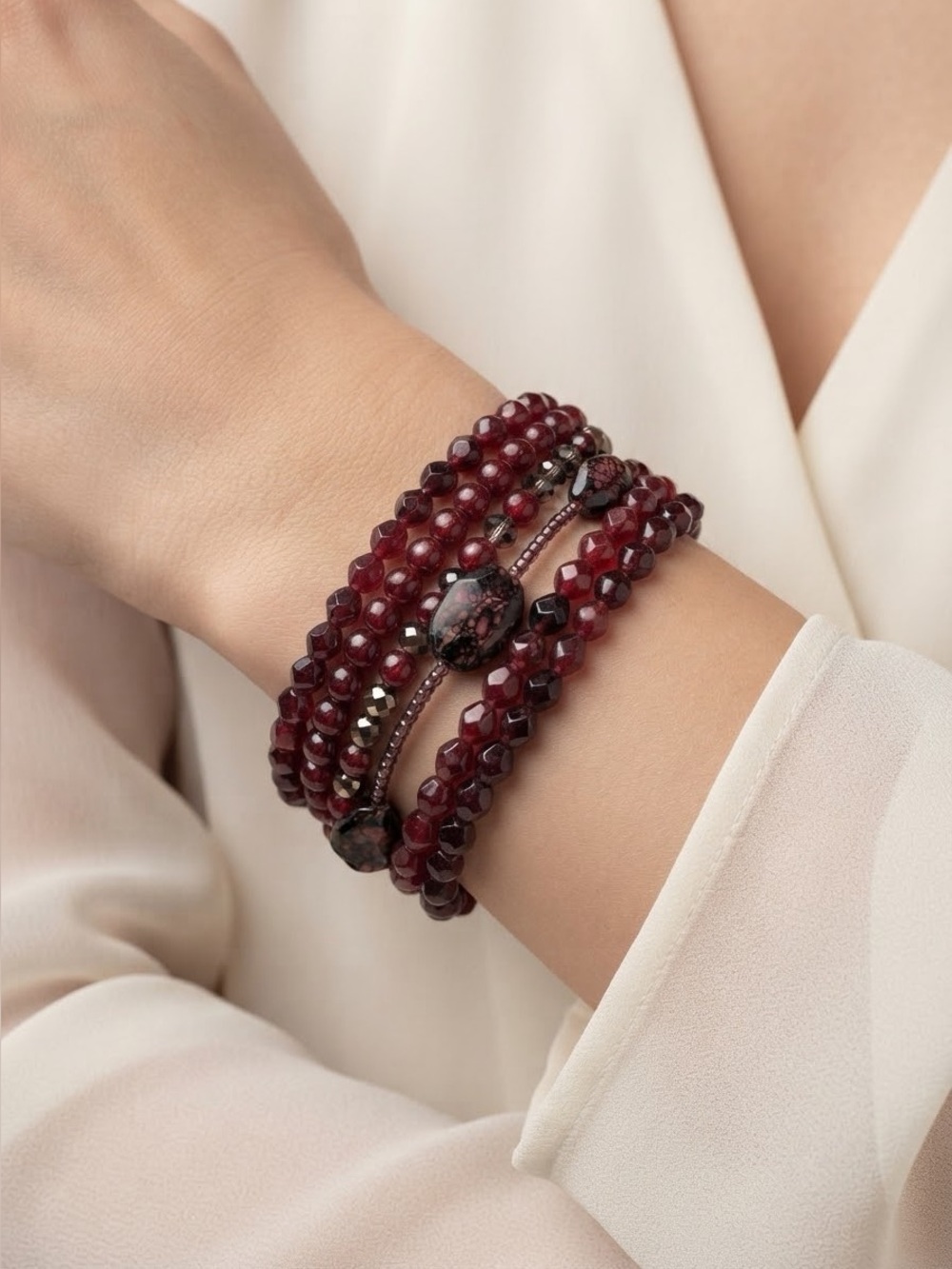 6-Piece Burgundy Wine Red Stretch Bracelet Set | Faceted Beaded Bracelet